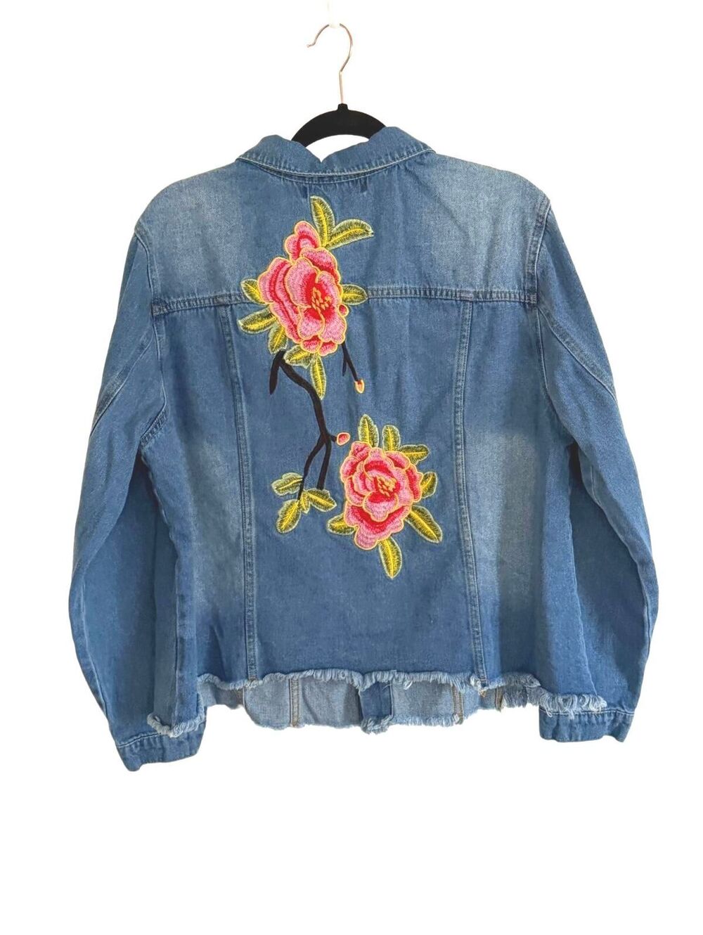 Blue Savvy 2XL Embroidered Floral Denim Jacket Roses Raw Hem Boho Jean Jacket